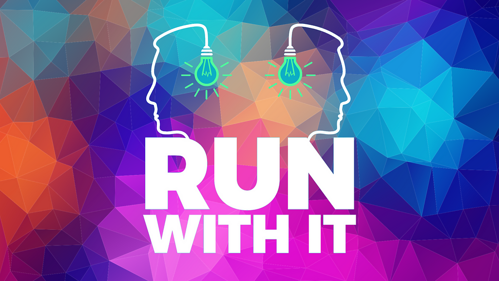 Run With It alternative logo. Two silhouettes with light bulbs behind them.