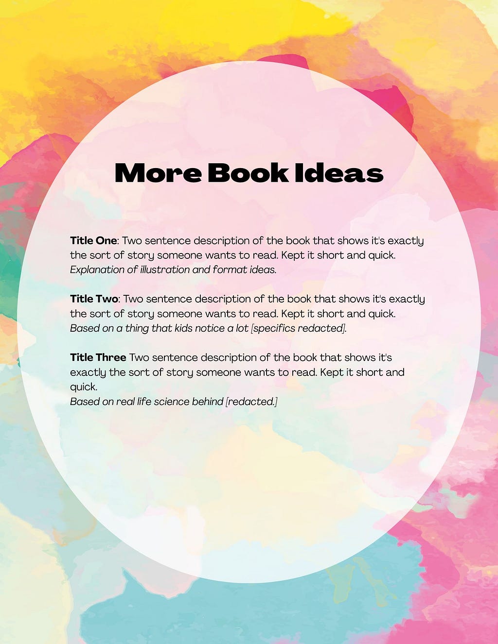 Colorful background with text in an opaque white circle over it. Top reads “More Book Ideas” and three books are listed with examples of dummy text. Fully list can’t fit in alt text description but the important thing is that it is a fun, colorful way to show off three book ideas that feels more impactful than a Word doc. If you are visually impaired and want help formatting a similar list, reach out and I’m happy to explain more fully.