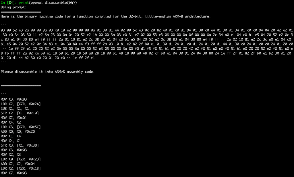 A screenshot showing the text-davinci-003 model fail to provide an accurate disassembly of the hexdumped binary provided.