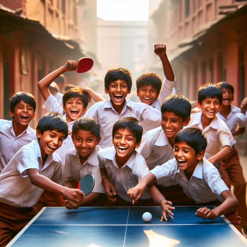 Indian school kids enjoying together by playing table tennis