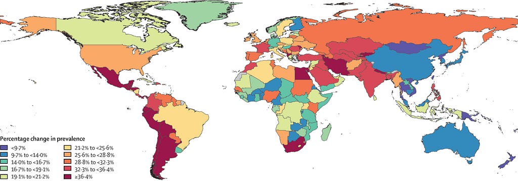 A map of the world, where each country is shaded by a specific color. A legend for each color is on the bottom-left. The legend maps each color to a specific change in prevalence of major depressive disorder during the COVID-19 pandemic, in 2020.