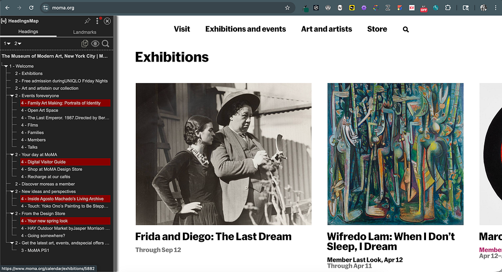 MoMA homepage uses proper heading structure and doesn’t rely only on the visual styles