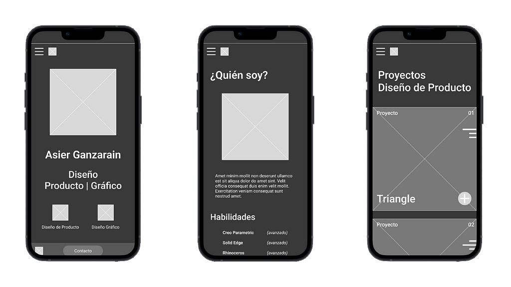 Some screens of the mobile wireframe