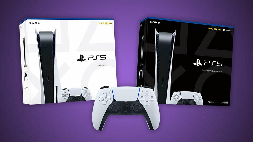 a PS5 Console in White pack and in Black pack an a Wireless Controller in Grey Color