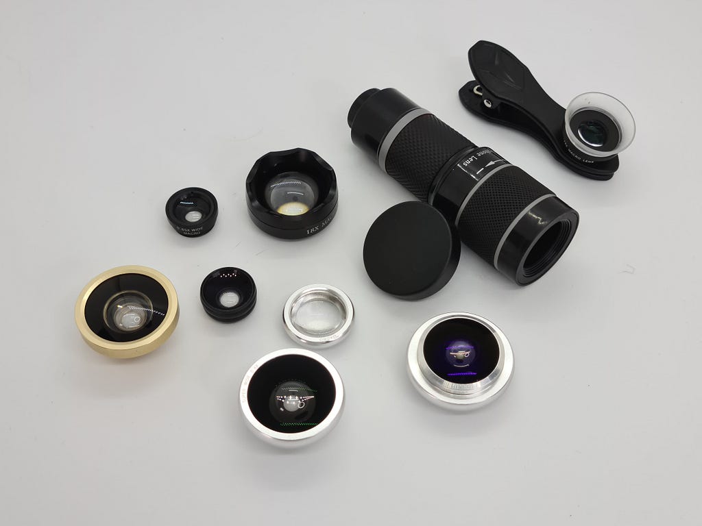 Figure 6. A small selection of smartphone lenses, including macro, fish eye, telephoto and wide-angle.