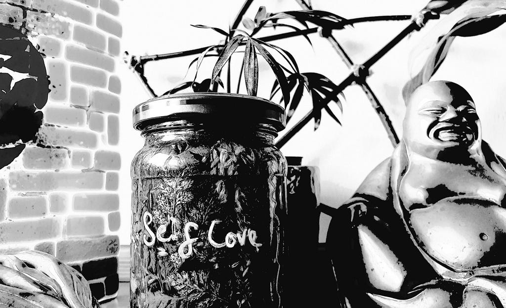 Black and white photographic image of a witches altar, with a jar of herbs that says self love on the outside.