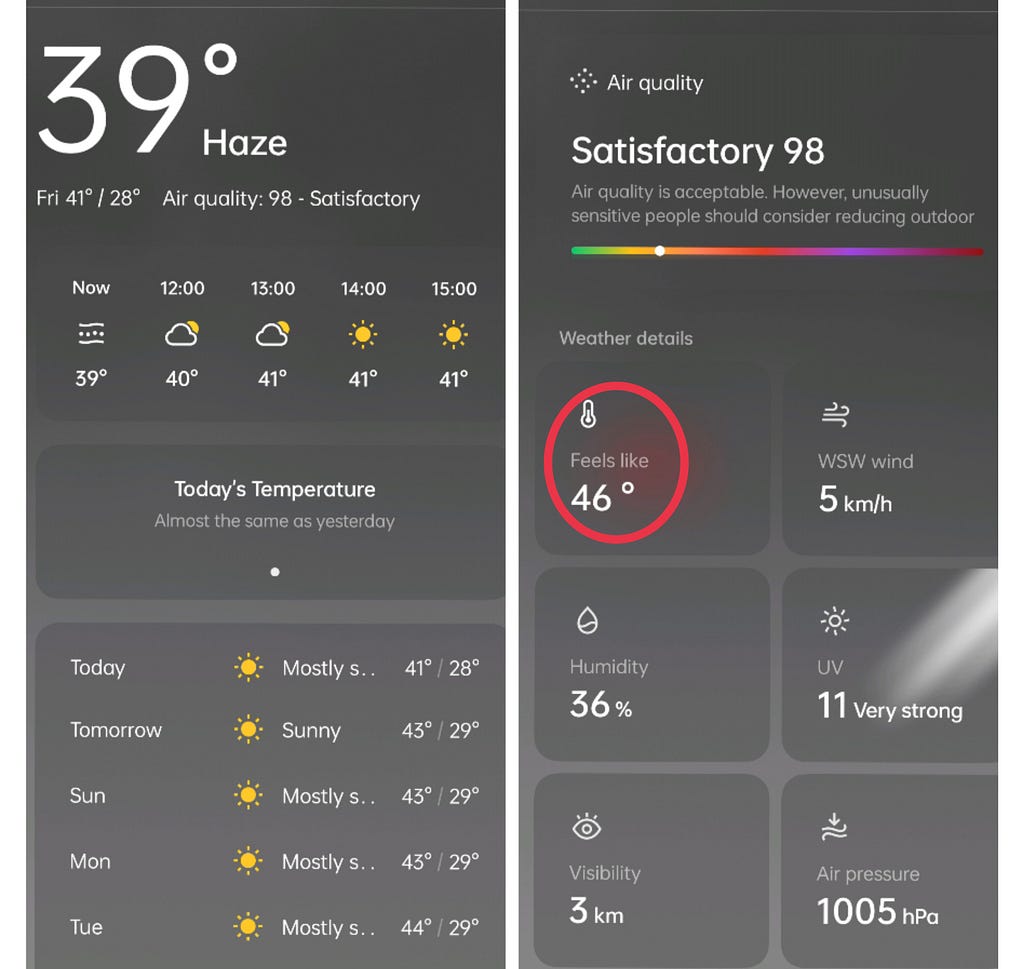 screenshot of the actual and “feels like” temperature in Kolkata