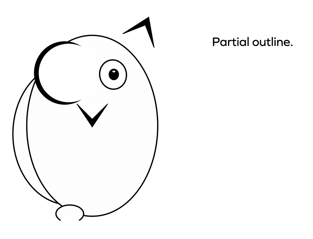 The owl image with only some of the black outline present. The basic shapes are much more obvious now, while the combined depiction of an owl is harder to desceren.