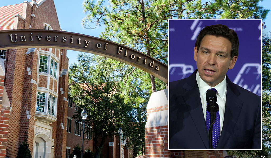 photo of the entrance to U.F. with inset photo of Gov. Ron Desantis