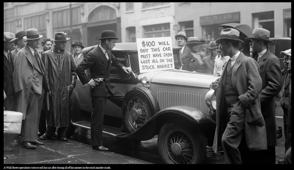 A black and white photo shows a 1929 Wall Street speculator trying to sell his car after losing all of his money in the stock market crash.