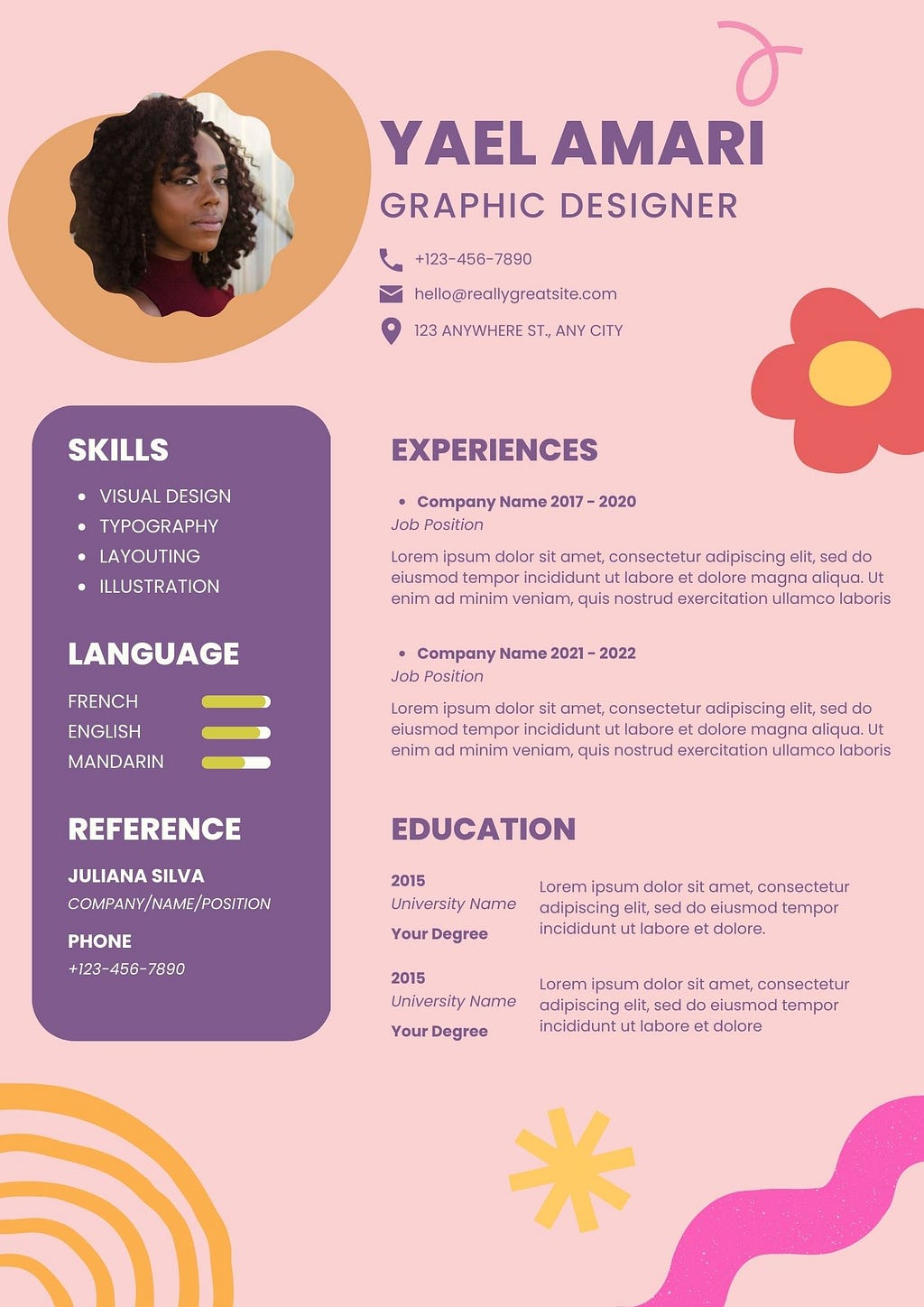 Alt Text: A CV template from Canva aimed at Graphic Designers; it has a pink background and lilac writing with lots of playful designs such as flowers and squiggles decorating the page. There is a space for a professional photo and the example features a woman with a closed mouth neutral expression and black curly hair. Her name in the example is “Yael Amari” and she is a Graphic Designer. The example copy is in ‘Lorem Ipsum’ latin.