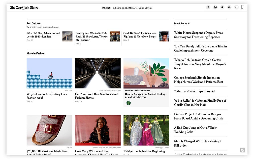 Article list design pattern featured on the New York Times website.