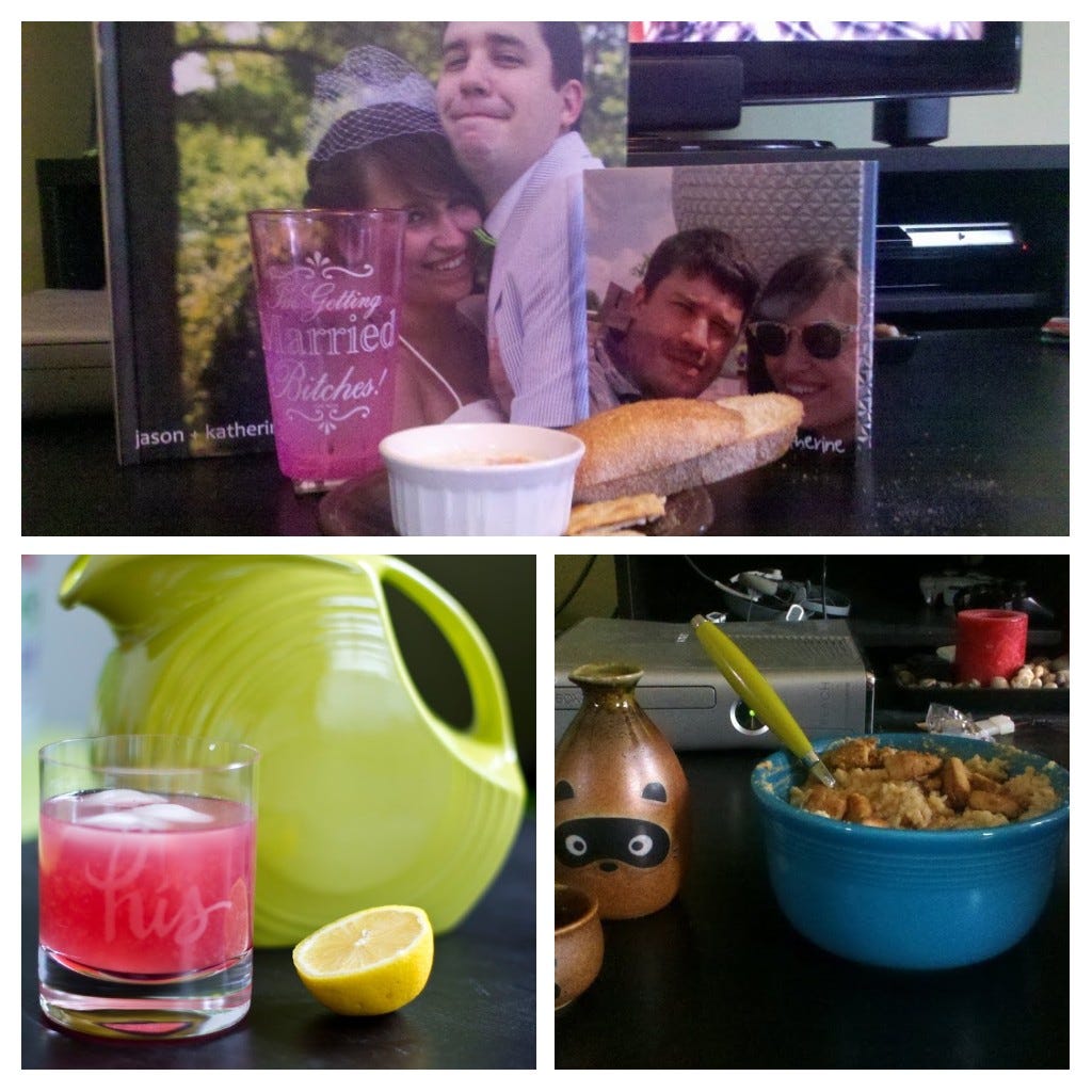 Three images paired in a collage. Top image features a pink cup with soup and bread. Mid image features a green pitcher with a cup of homemade juice. Bottom photo features a tofu and rice bowl paired with a racoon bottle.