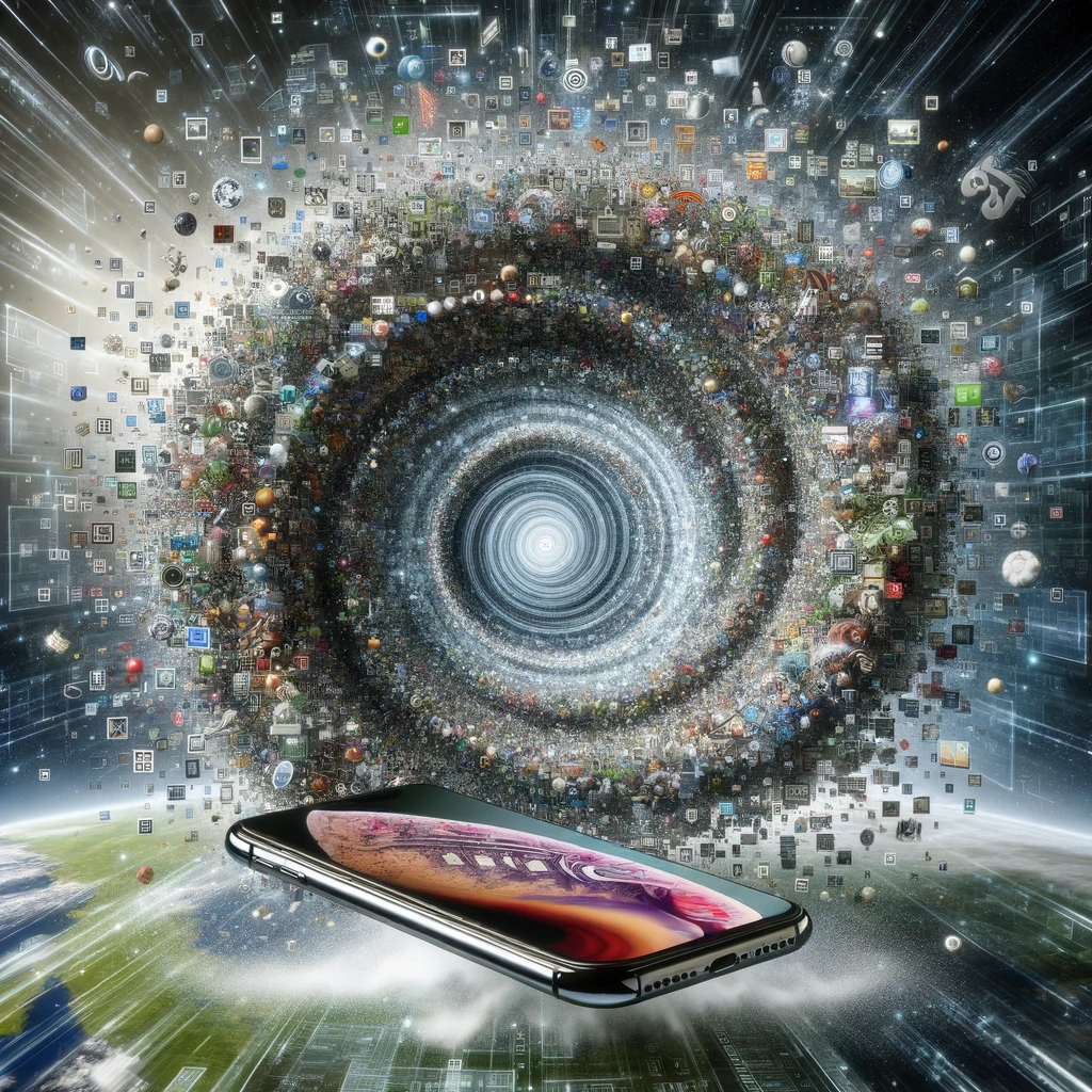 A world of information spiraling above a mobile phone.