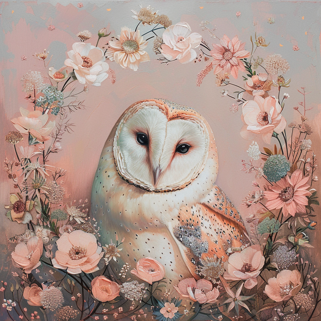 Tempera Painting of an owl, with flowers wreaths around, dreamy pastel color palette, gradient