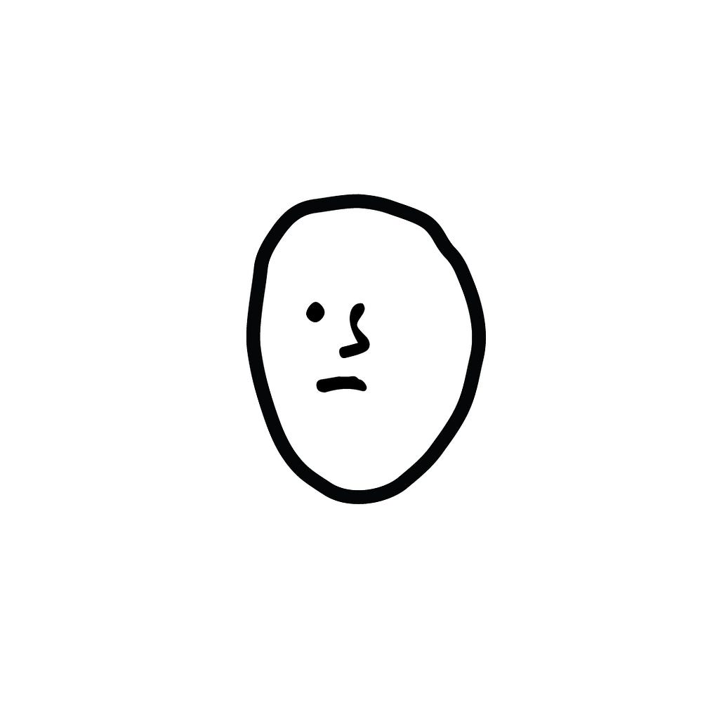 Black and white, simple drawing of a face with one eye, nose, unhappy mouth