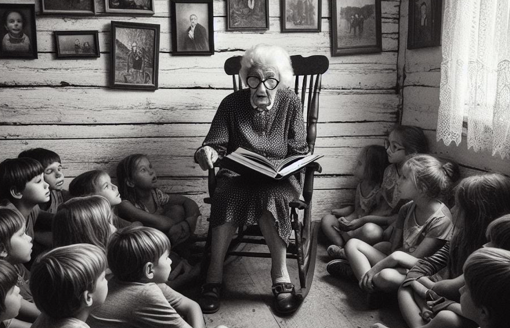 Foto em preto e branco de uma senhora idosa sentada em uma cadeira enquanto lê um livro para várias crianças que estão sentadas no chão. De fundo, uma parede de madeira com vários porta-retratos.