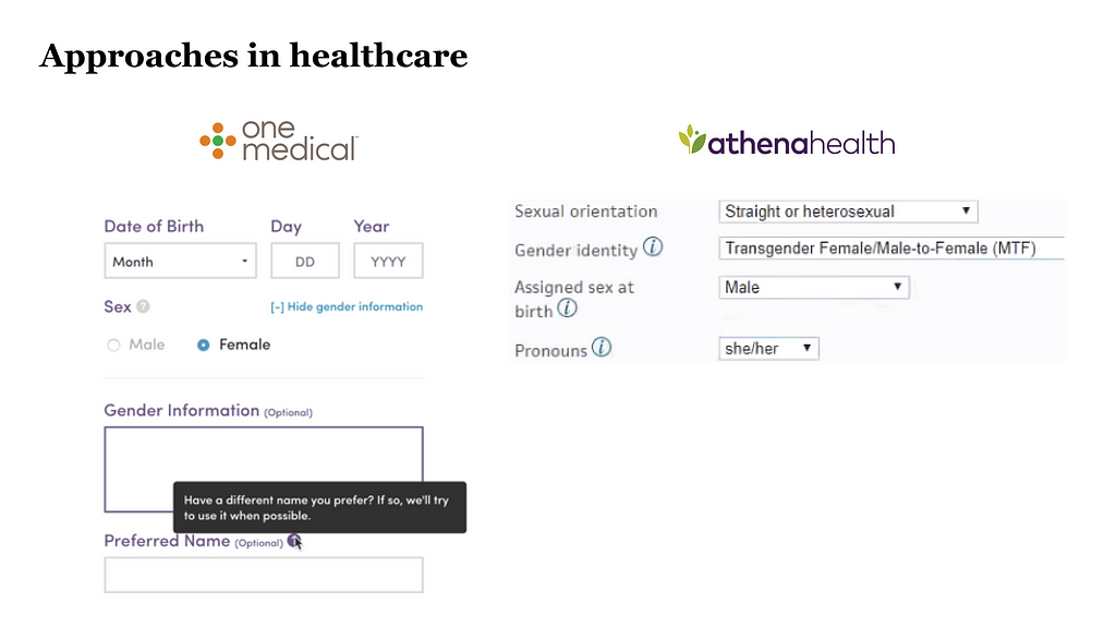 One Medical webform with optional “Gender Information” textbox. AthenaHealth form with the Two-Question Method.