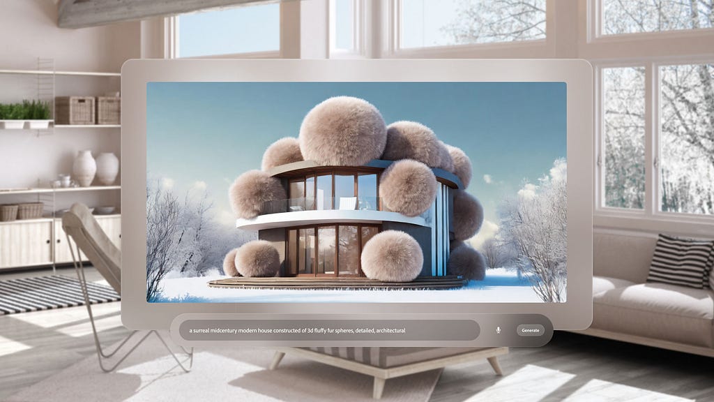 An image of a computer screen superimposed over the center of well-lit, light-colored living room with multiiple windows, bookshelves and comfortable seating. On the computer screen is a AI-generated photograph of a mid-century modern building covered in what appears to be bunny tails in the center of a snow-filled clearing. Beneath it, is a prompt bar with the prompt, &quot;A surreal mid-century modern house constructed of 3D fluffy fur spheres, detailed, architectural.