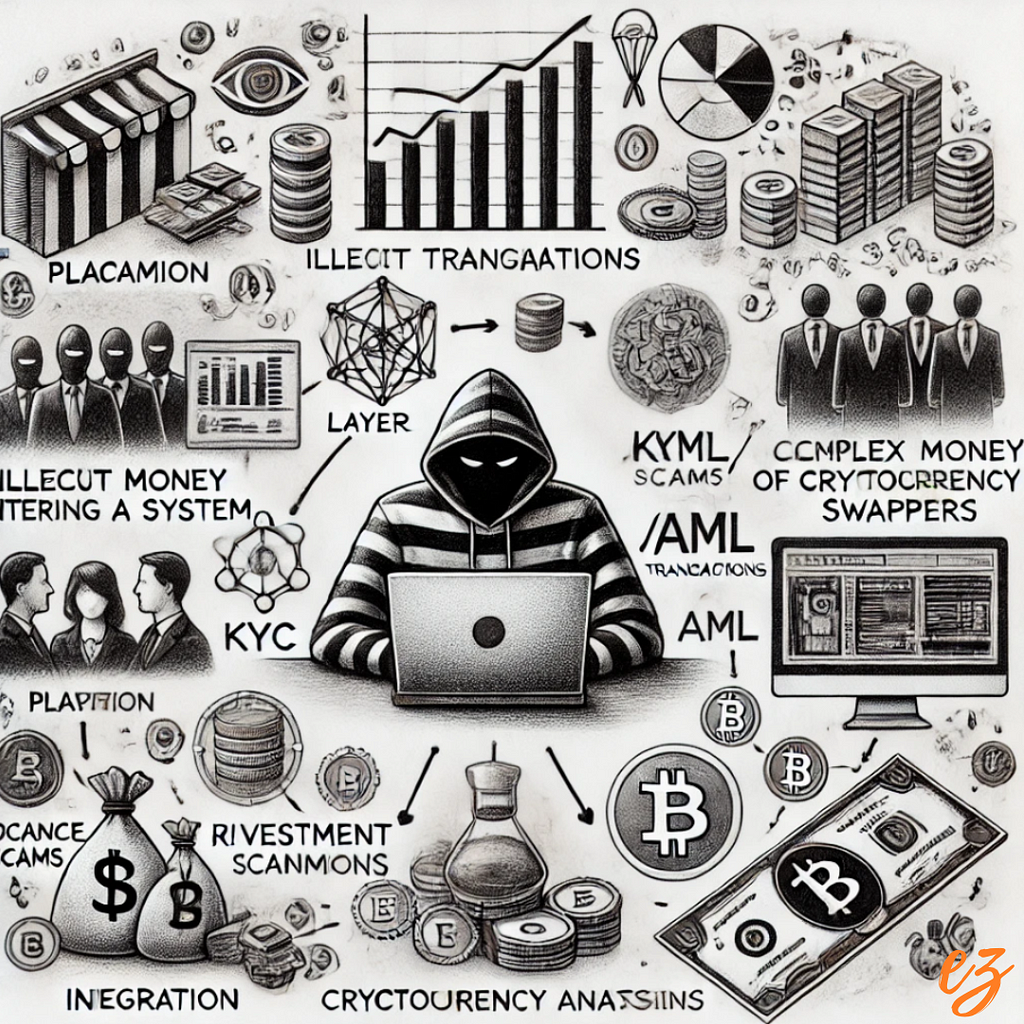 A detailed black and white pencil sketch illustrating the complexities of cryptocurrency crime, including a hacker, money laundering stages, KYC/AML measures, common scams, and a Bitcoin symbol.