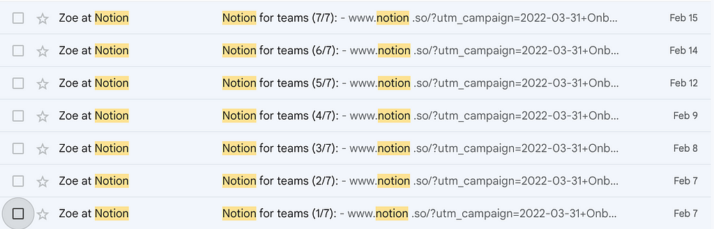 Screenshot of all the Notion emails in my inbox 1–7