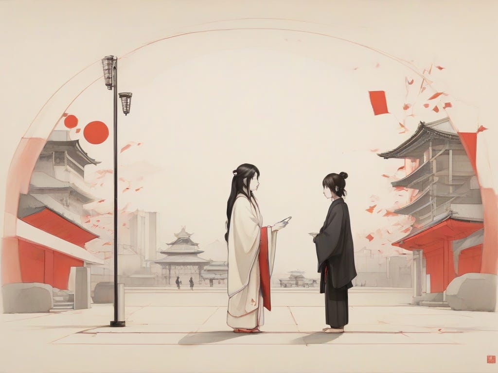 Two women speaking in a Japanese Square