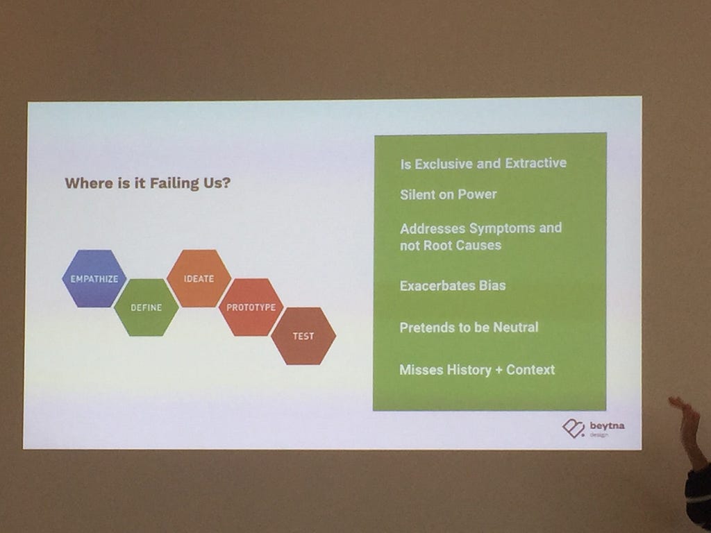 Photo of a slide from the workshop describing the flaws of traditional design thinking, such as exacerbating bias.