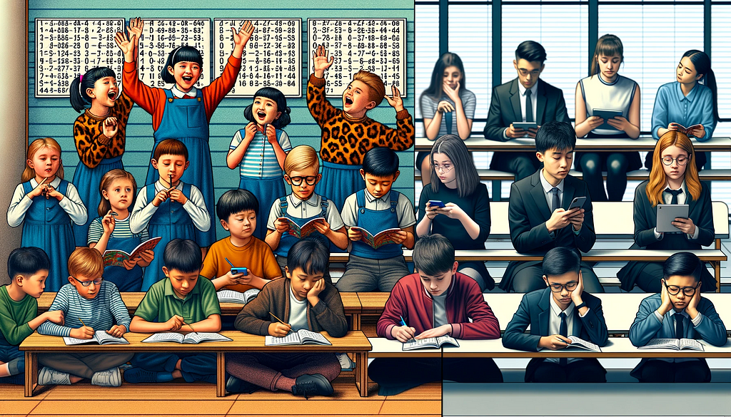 The image vividly illustrates the contrast in attitudes towards repetitive learning exercises between younger students (1st to 5th graders) and older students (9th graders) in a modern classroom setting.