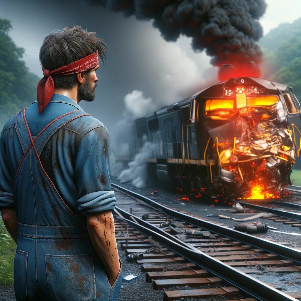 An engineer looking on at a broken locomotive as a metaphor for a broken production environment.