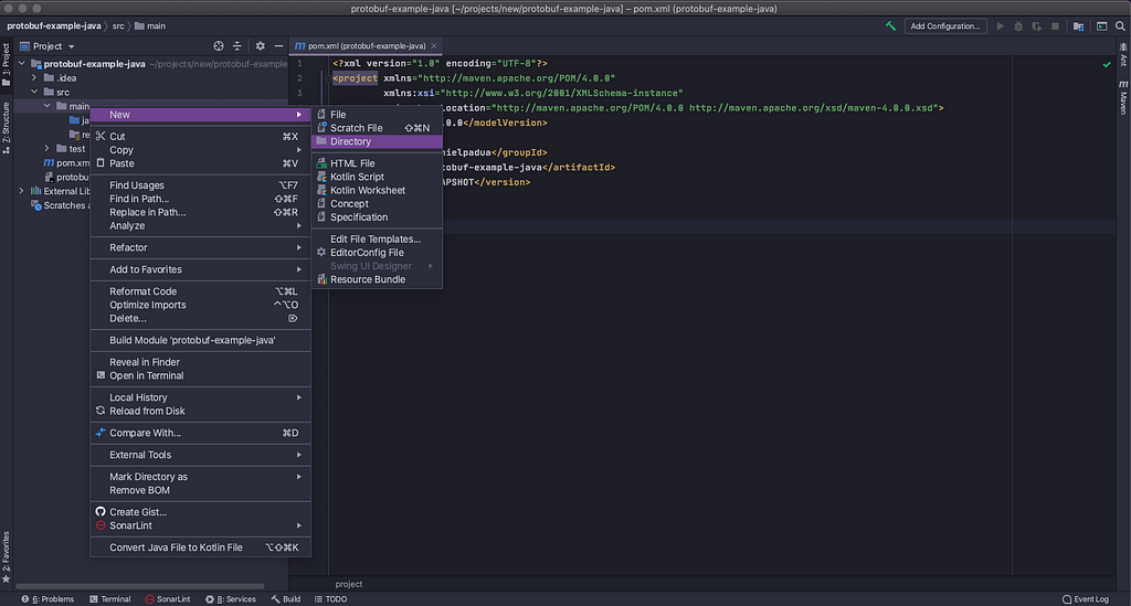 An image of the action of opening IntelliJ context menu to create a directory in src/main