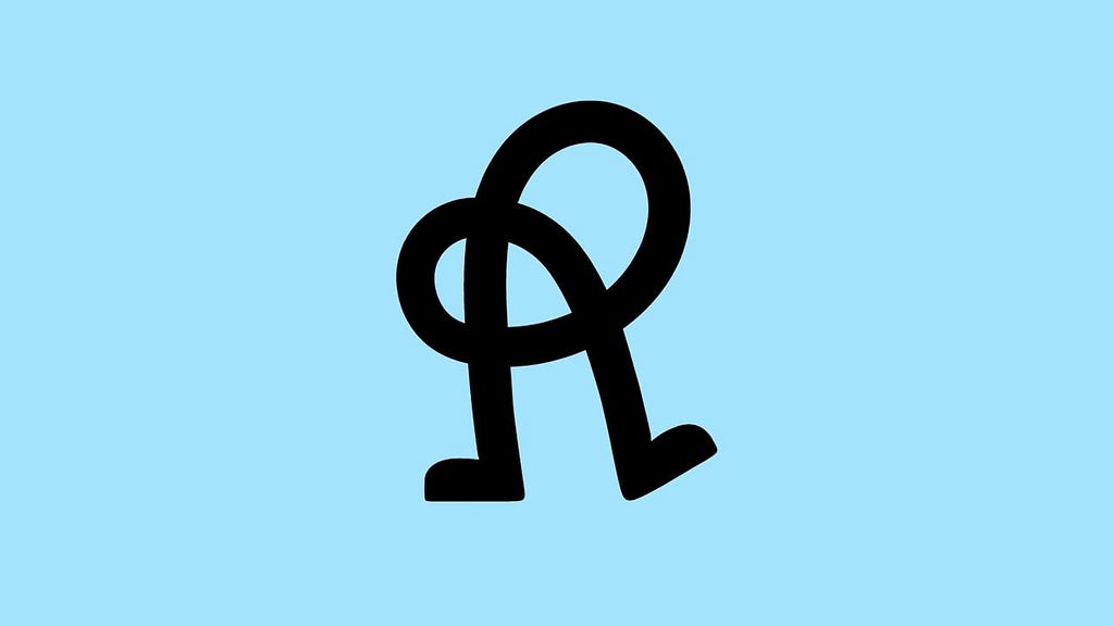 R letter with a loop in the place, wherea curve enters the leg, and shoes on the ends of letter legs.