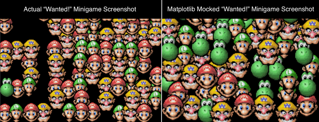 A screenshot comparing an actual screen of faces from the “Wanted!” minigame on the left, and a mocked version generating using my Matplotlib-based function on the right. Despite a small difference in the size of the faces (the right image has slightly larger faces), they look nearly identical.