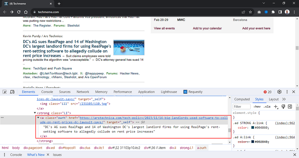 inspecting an achor tag with title and link on Techmeme