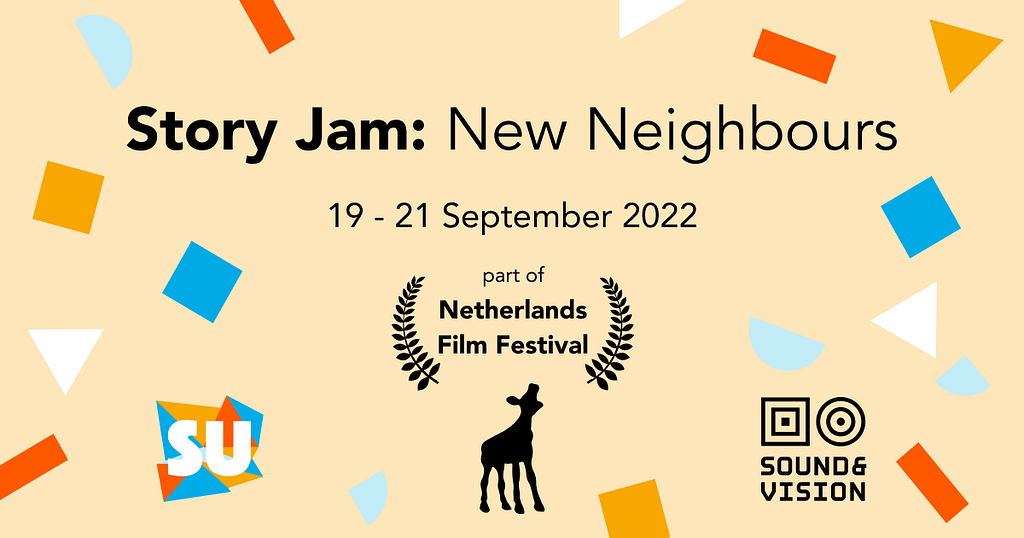 A flyer for Story Jam: New Neighbours, taking place 19–21 September 2022 as part of the Netherlands Film Festival. Partner logos on the bottom include Storytellers United, the Netherlands Film Festival and the Netherlands Institute for Sound and Vision