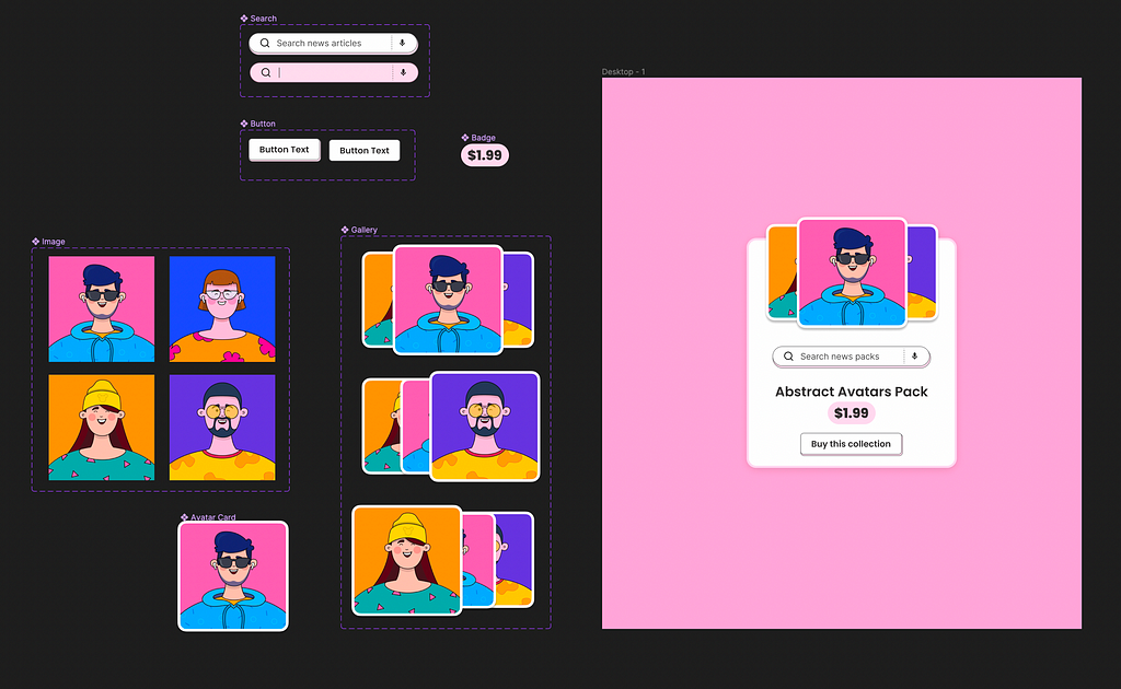 Figma screenshot of the components used