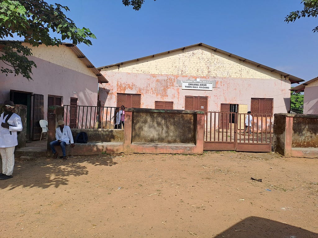 The picture shows the front of the village hall used for community dissemination. Classmates can be seen sitting and standing around it.