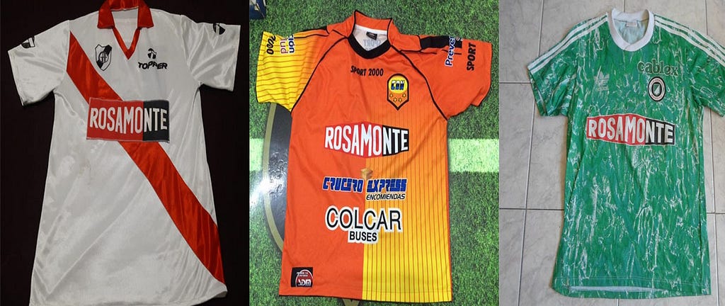 Camisas do Guaraní Antonio Franco, Crucero del Norte e Deportivo Mandiyú, todos patrocinados pela Rosamonte.