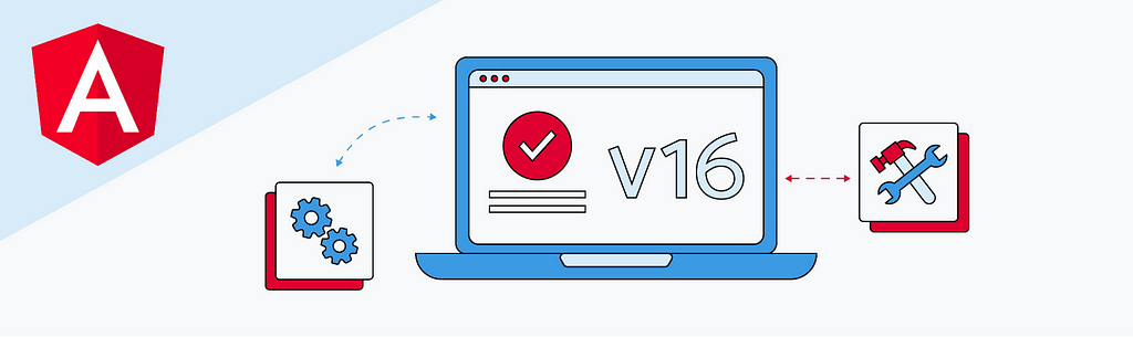 Visual of for the Angular v16 release showing the text “v16” on a laptop with the Angular logo on the right of the image.