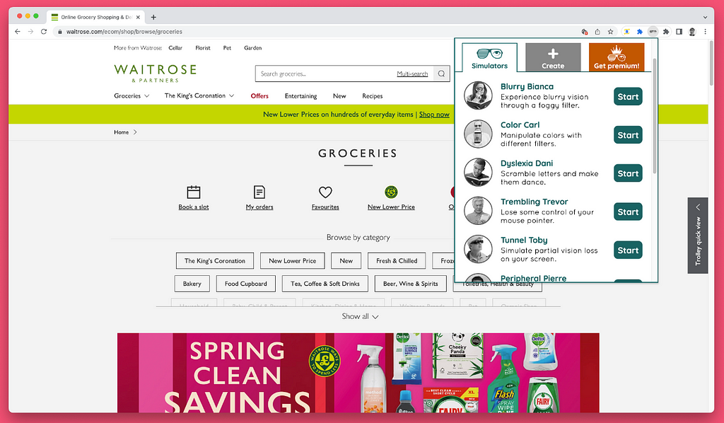 Waitrose groceries homepage open in a Chrome browser. In the toolbar the Funkify extension has been activated, displaying a popup with a number of personna simulators that can be selected: “Blurry Bianca, Color Carl, Dyslexia Dani, Trembling Trevor, Tunnel Toby, Peripheral Pierre”.