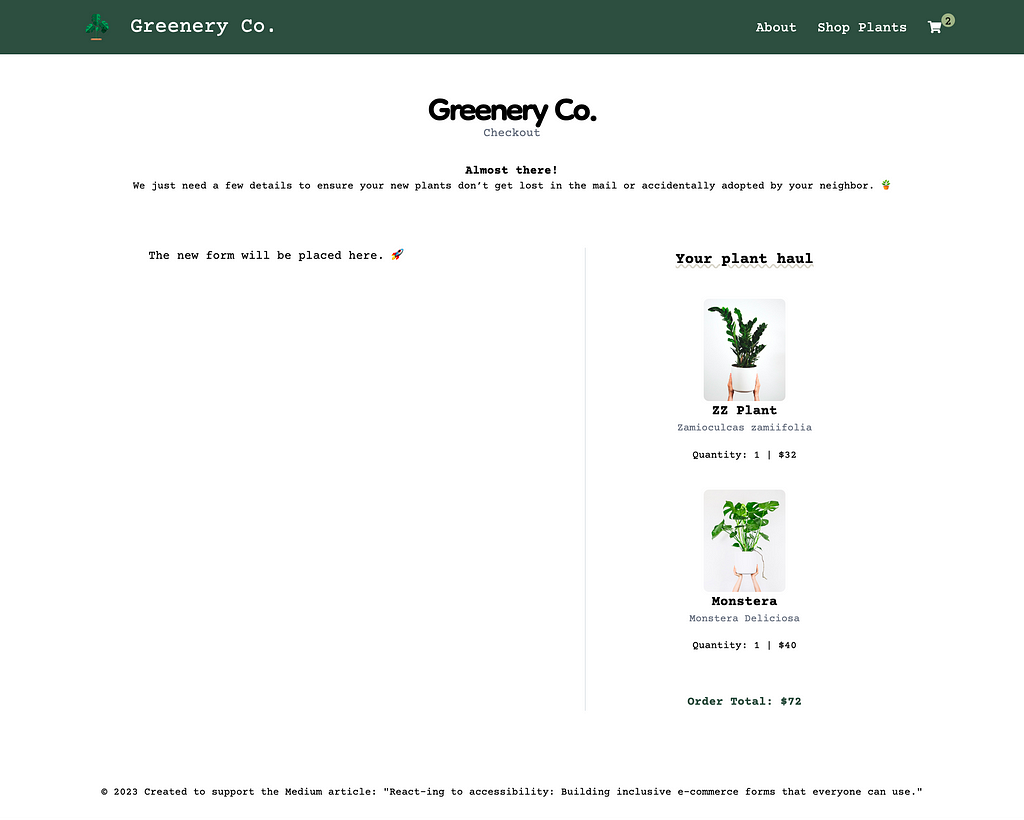 A screenshot of what Greenery Co. looks like in the master branch.