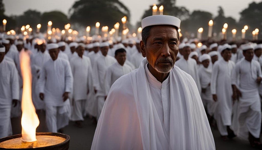 A solemn figure clad in traditional white clothes carries a lit lamp as he leads the funeral procession towards the cremation ground. The chief mourner’s face is stoic yet pensive, exuding a strong sense of responsibility and duty towards the deceased. The blurred figures of mourners follow behind, paying their last respects as they make their way to bid farewell to their loved one.