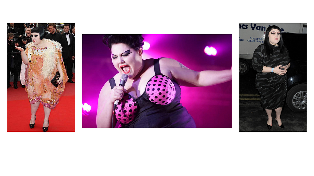 Left: Beth Ditto on a red carpet, wearing a colorful, ornate dress with feather detailing and holding a black clutch, surrounded by photographers. Center: Beth Ditto performing on stage, wearing a black outfit with large, pink polka-dotted cone bra cups, passionately singing into a microphone with a vibrant pink background. Right: Beth Ditto standing outdoors at night, wearing a black and grey patterned dress, with dark hair styled with bangs, looking at the camera.