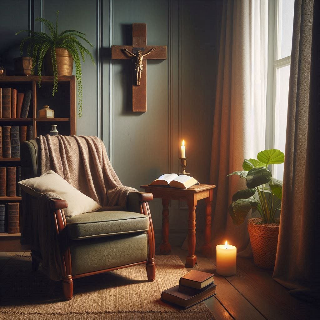 A peaceful corner of a room with a Bible, lit candle, and a comfortable chair for prayer and reflection.