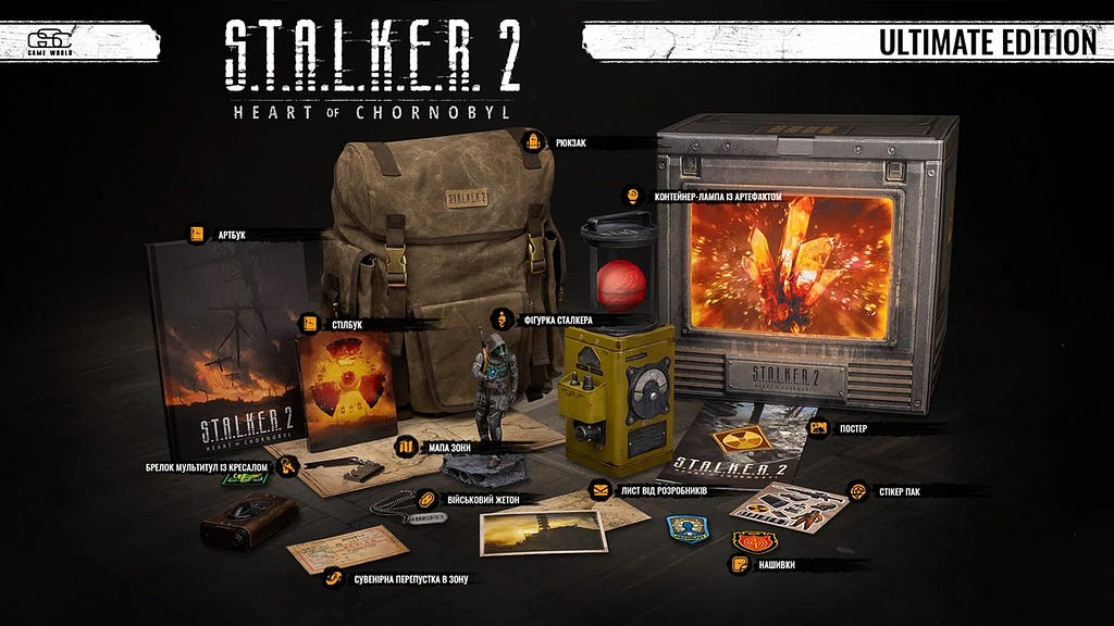 S.T.A.L.K.E.R. 2: Heart of Chornobyl Ultimate Edition set featuring exclusive items, art books, badges, a backpack, in-game map, and additional bonuses, presented in a premium packaging that reflects the post-apocalyptic atmosphere of the game.