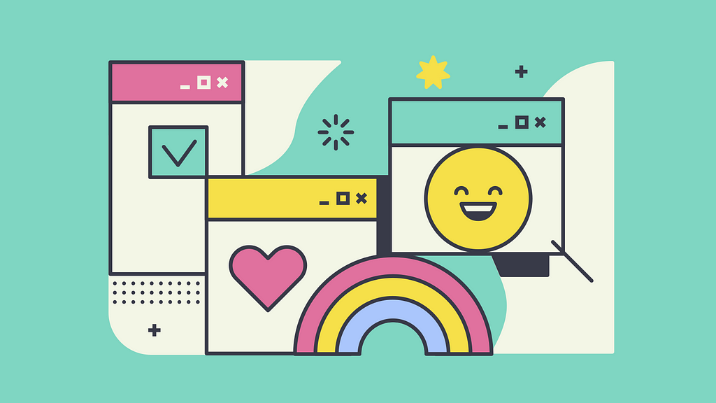 Illustration of stylized computer windows with symbols like hearts, rainbows and smiling faces.