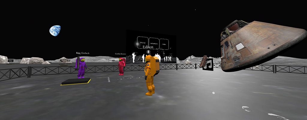 Three player avatars in purple, red and orange are scattered inside a fenced in space in the moonscape. To the right is a floating Apollo 11 module. In the background is a floating screen that shows silhouetted figures in white, with the words “discover, authenticate, and collect” floating above them.