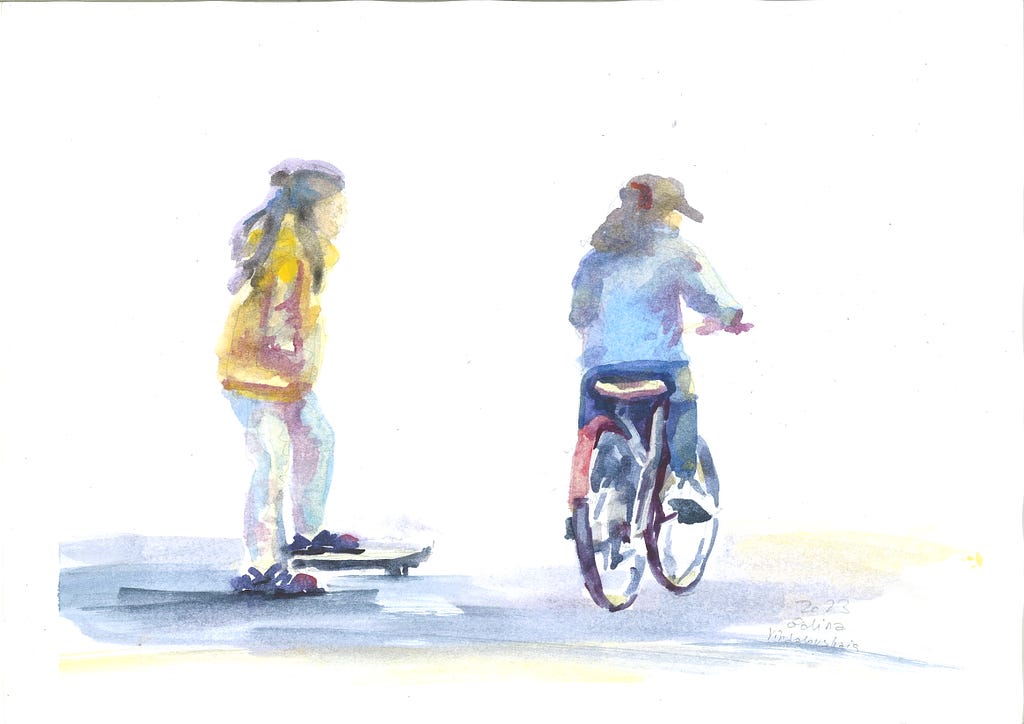 Two girls on the path in the park. One rides a bike and the other rides a skateboard. Who will overtake whom? Drawing in blue and burgundy shades, figures on a white background. Narrative illustration sketch by Galina Vindalovskaia.