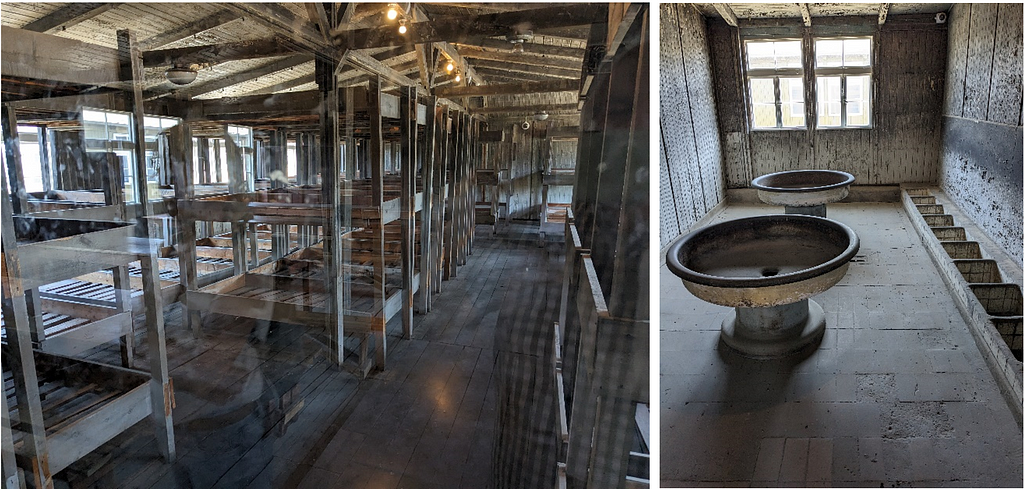 Two pictures: A room filled with three-tiered bunk beds and two round pedestal sinks.