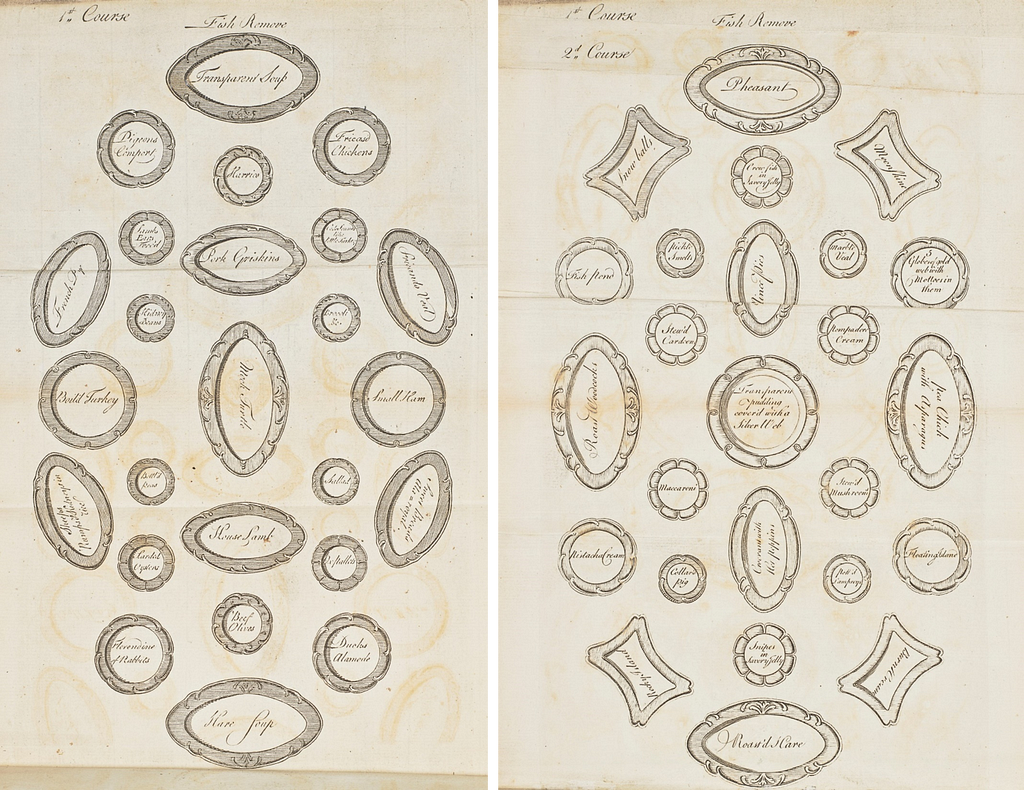 Two adjacent copperplate diagrams showing elaborate table settings for first and second courses of a dinner.