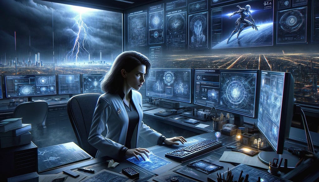 A futuristic lab with a wide array of advanced machines humming in the background. In the center stands a woman, Valeria, a chief AI researcher with a determined expression, surrounded by screens displaying complex data and AI analytics. The atmosphere conveys a sense of suspicion and discovery, with scattered papers, one showing a mysterious city district. A late-night storm is visible through a window, reflecting the tension inside the room.